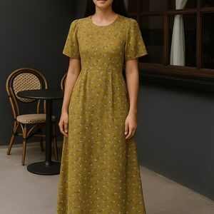 [WOMEN] JAPAN Lace Ladies Floral Ankle Dress | Olive Mustard | Warm Tone